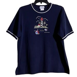 BonWorth Dark Blue Tee with Lighthouse Embroidered Design Large